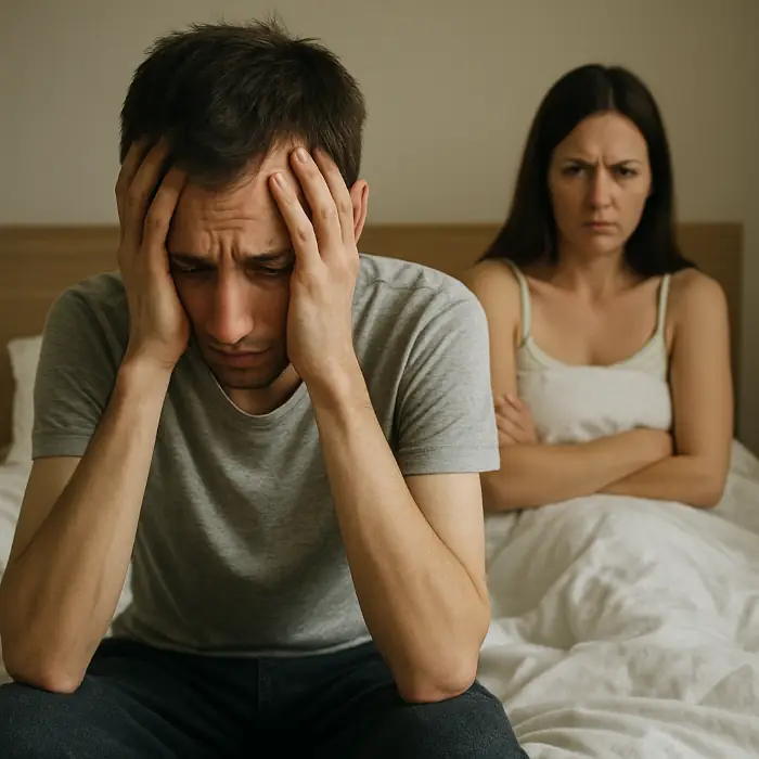 Homem envergonhado na cama